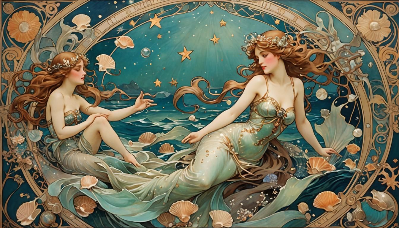 Ethereal Mermaids with Zodiac Signs, Art Nouveau Style