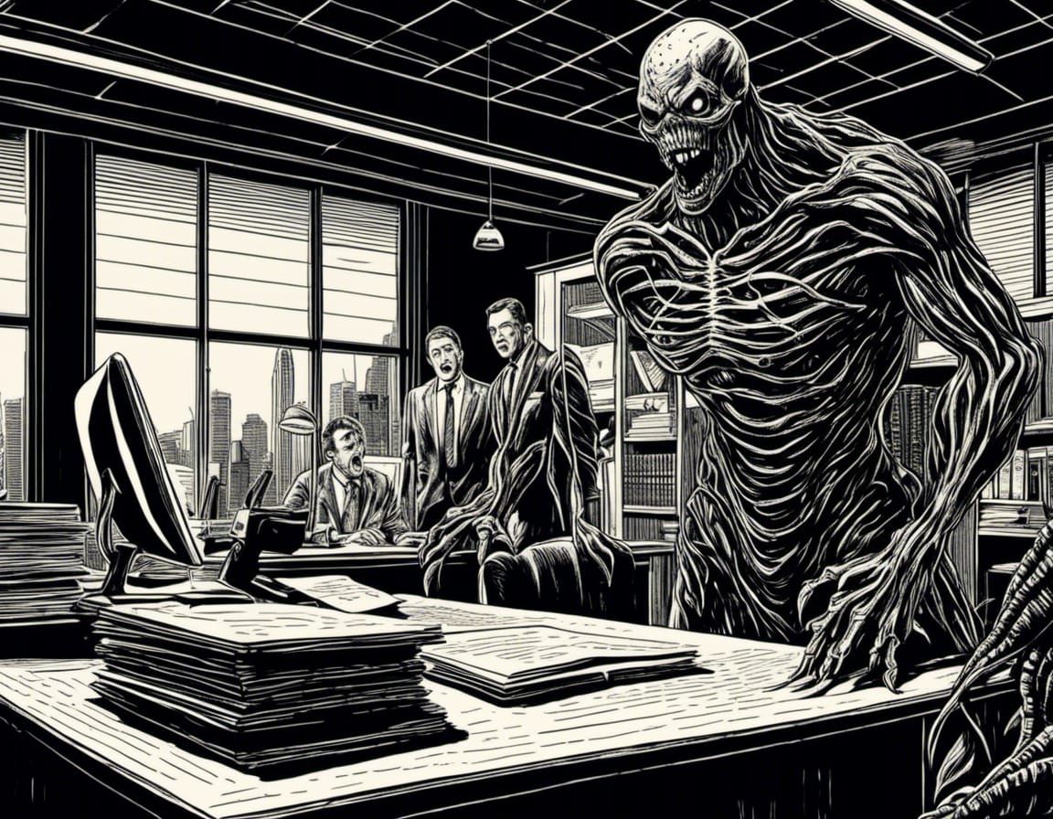 Terrifying Office Monster in Woodcut Art Style