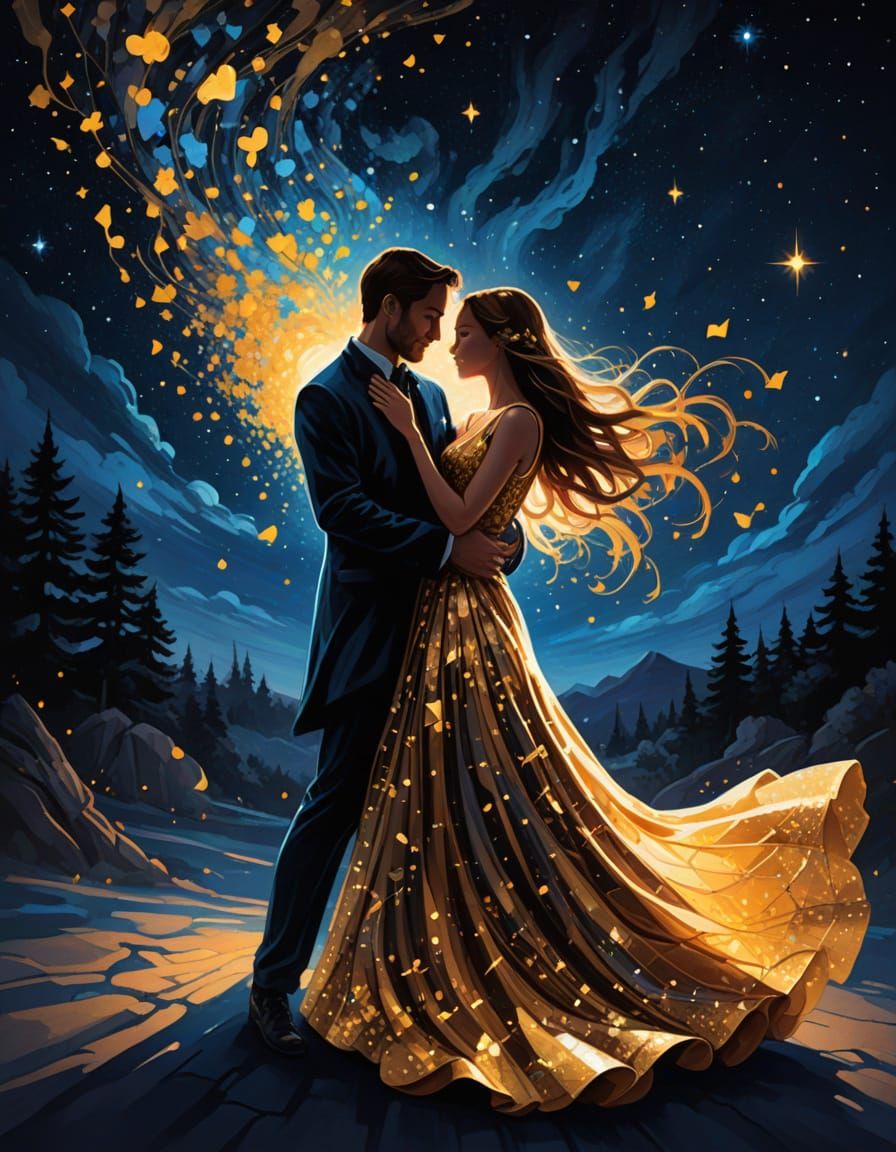 Dancing Silhouettes Under Starlit Sky in Vibrant Handmade St...