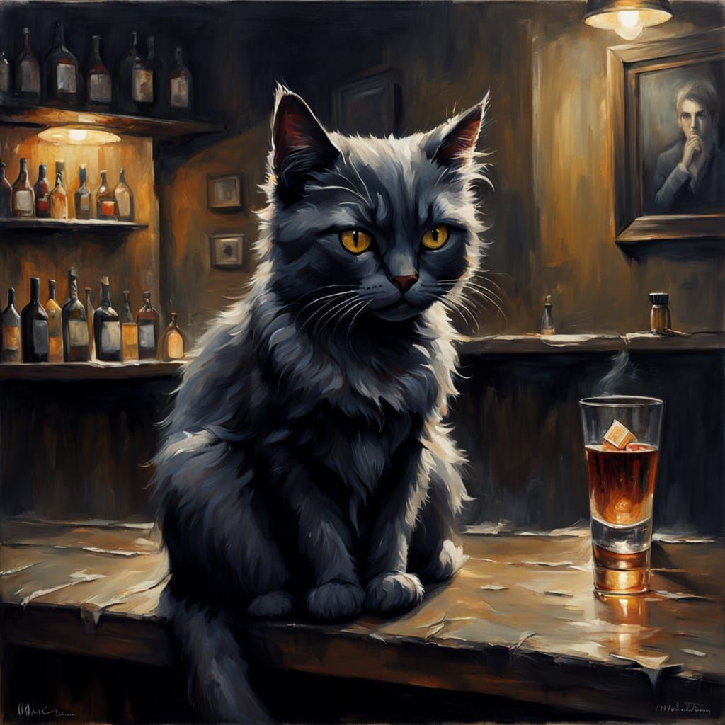 Melancholy Cat Asks About Draft in Smoky Tavern