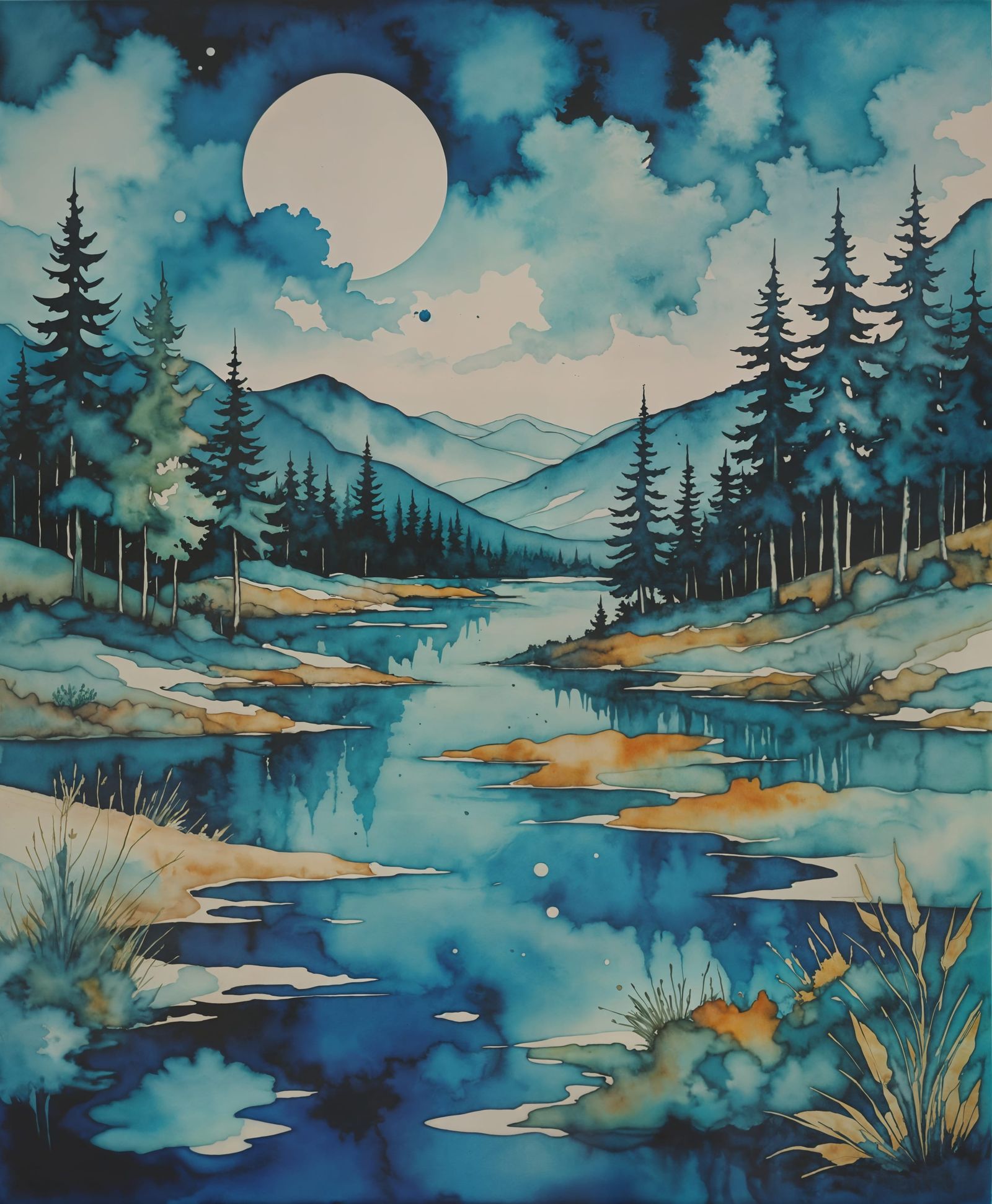 Dreamlike Blue Landscape in Watercolor and Alcohol Ink Style