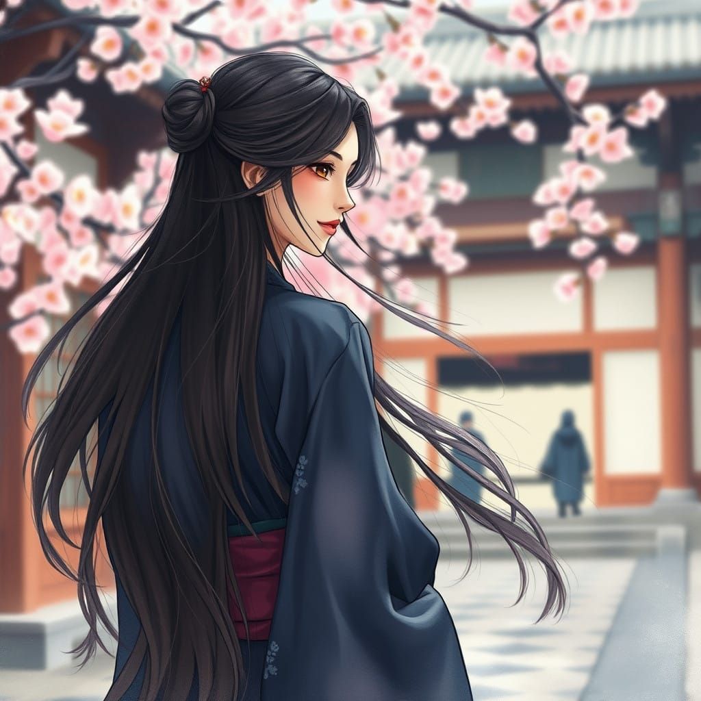 Japanese Goddess in Misty Cherry Blossom Dojo