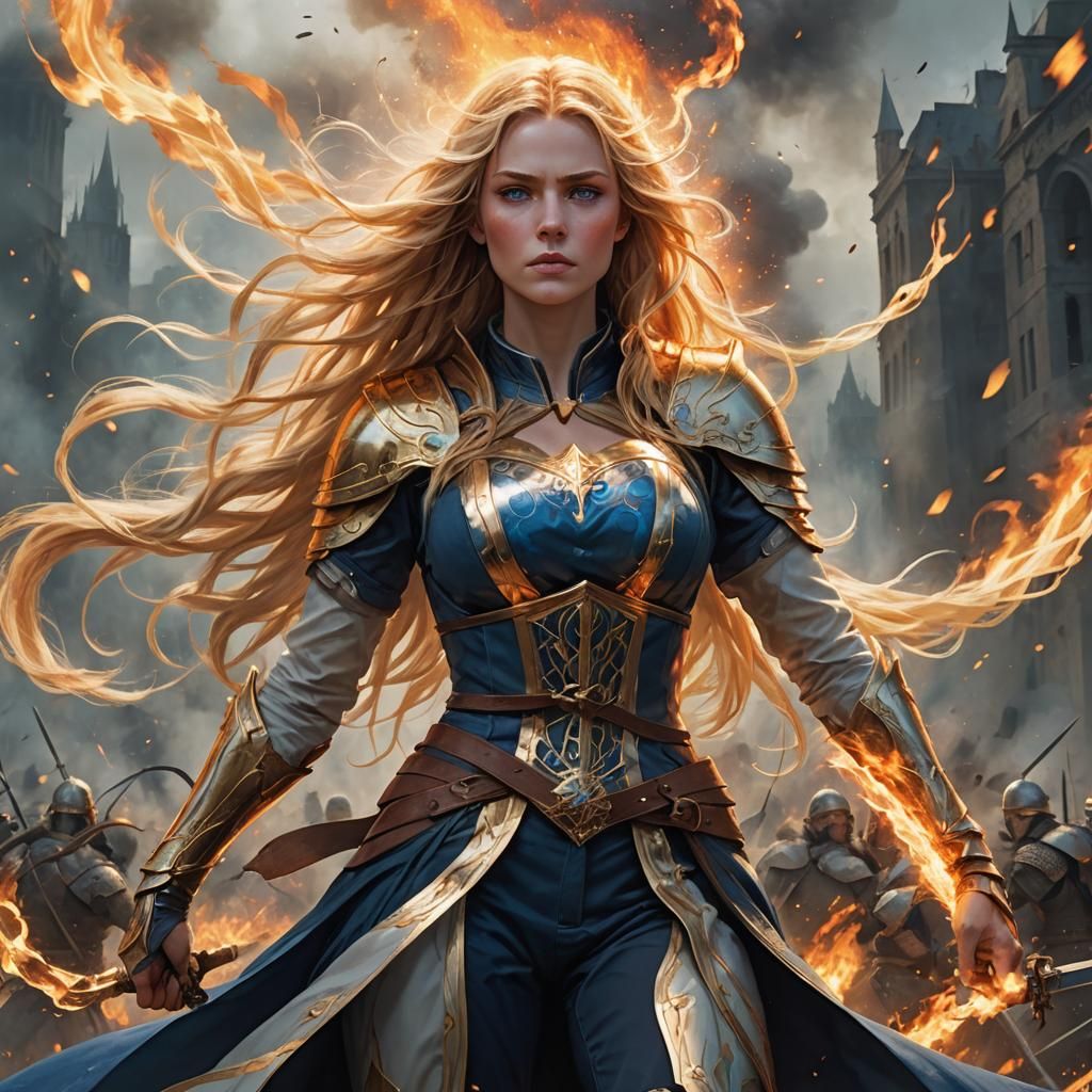 Majestic Woman Warrior Amidst Battlefield Inferno