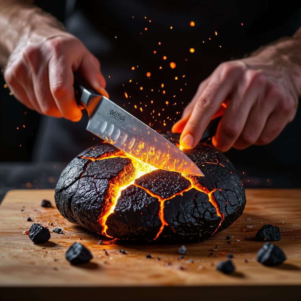 Close-Up of Knife Slicing Glowing Cracked Rock
