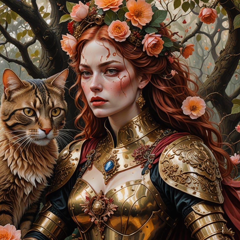 Battle Maiden with Cat in Petal Shower, Oil Painting