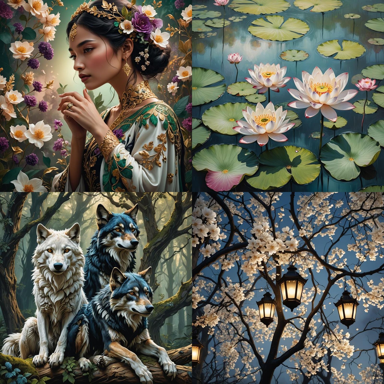 Fantastical Black and White Wolves in Detailed Painting