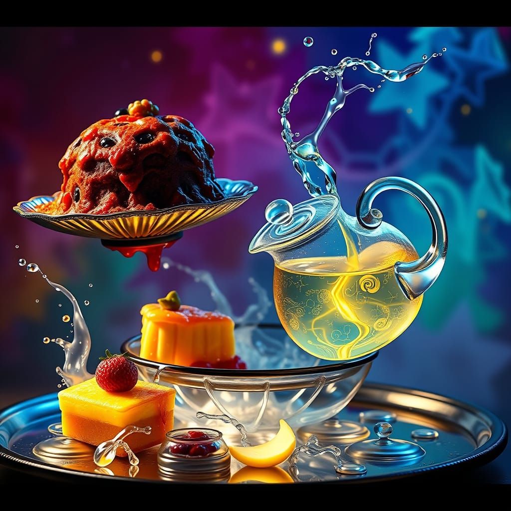 Enchanted Feast and Luminous Teapot, Hyperrealistic Splash A...