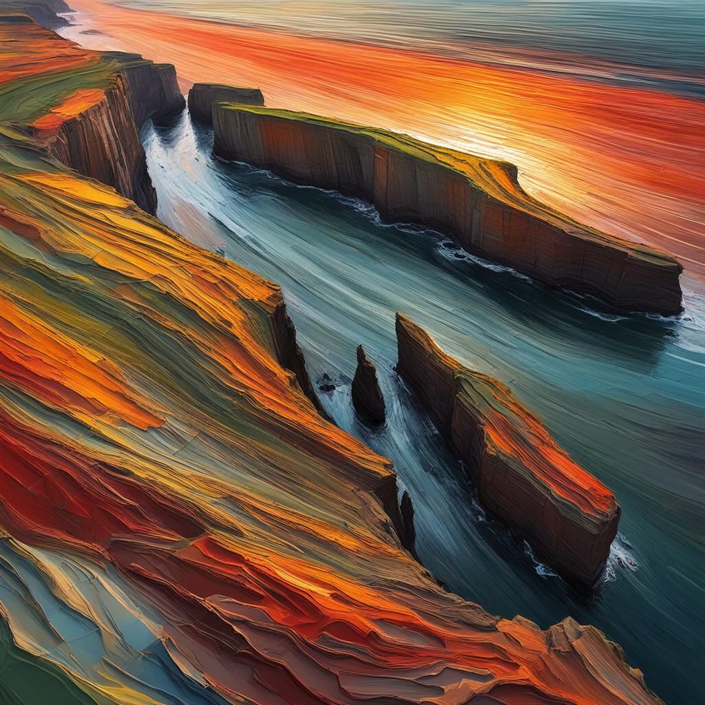 Yorkshire Cliffs at Sunset: Impasto Seascape