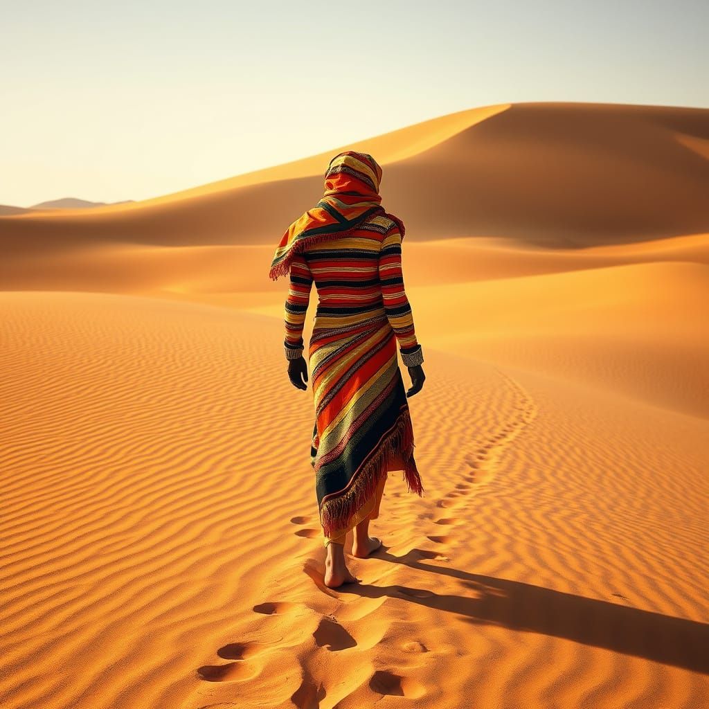 Nomadic Figure in Vibrant Striped Ensemble