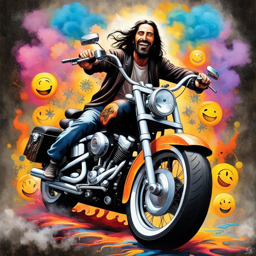Jesus on Harley in Graffiti Splash Art Style