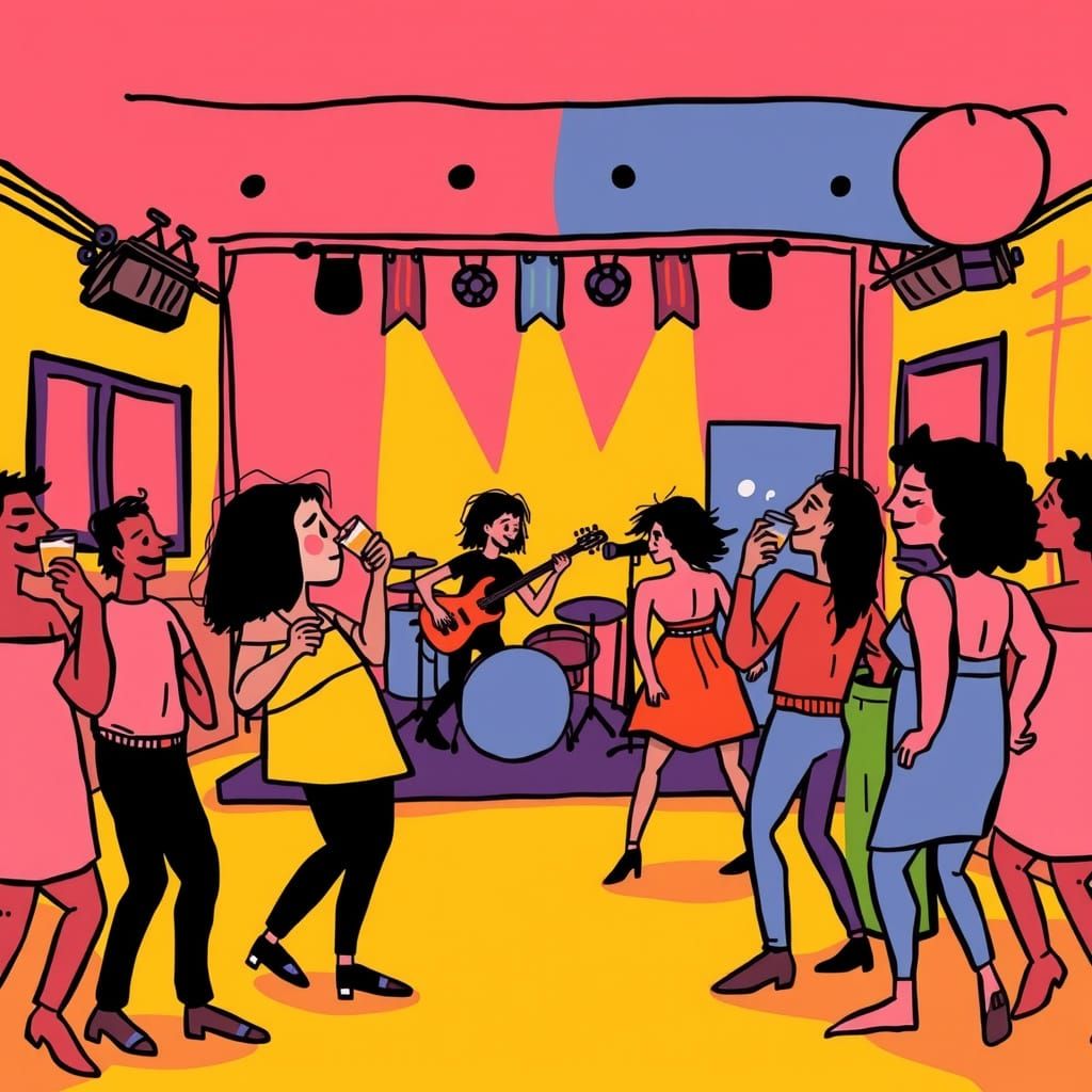 Festive Cartoon Rock Club Scene in Naive Style