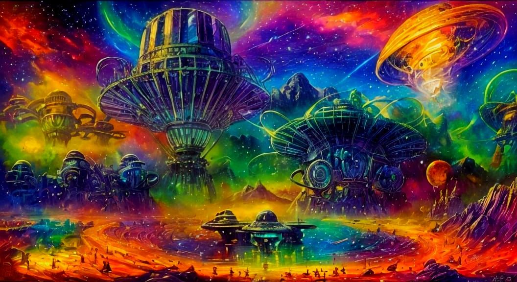 Psychedelic Sci-Fi Oil Painting of Cosmic UFOs