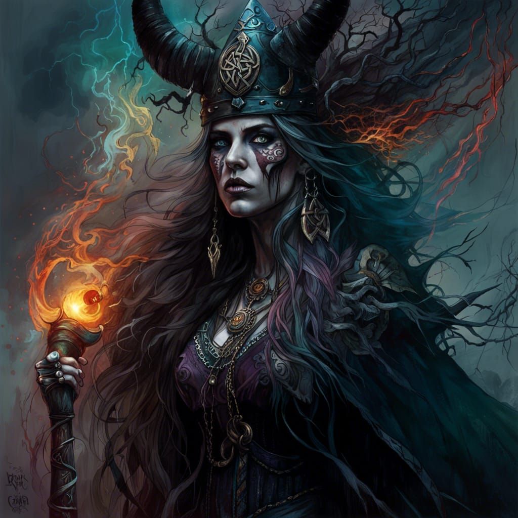 Celtic Viking Priestess in a Ghostly Battlefield