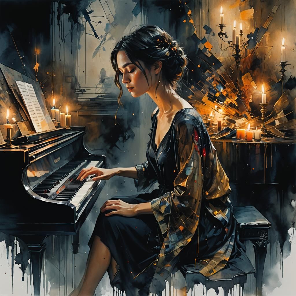 Woman at Piano in Candlelight: Surreal Alcohol Ink Art