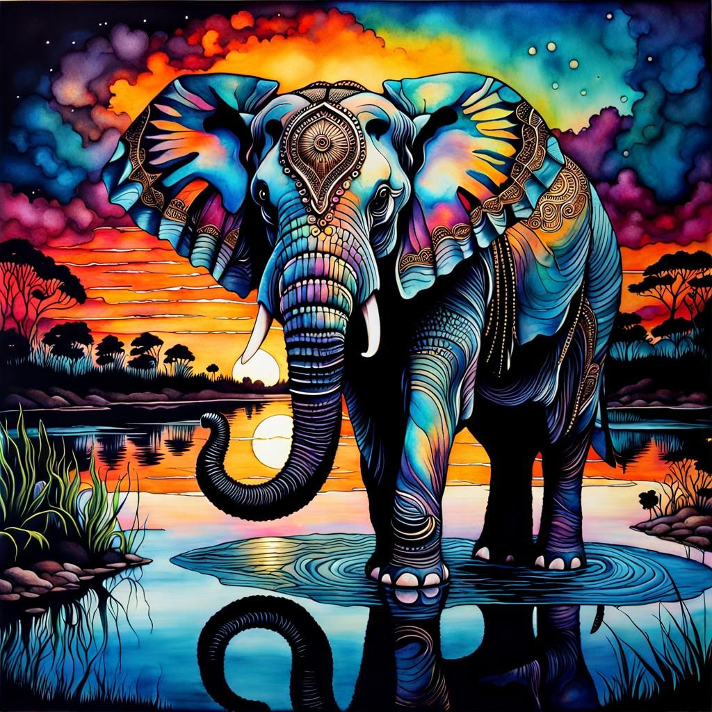 Alcohol ink painting of an Elephant, a lake with reflections, viewed at sunset. Naturepunk style...