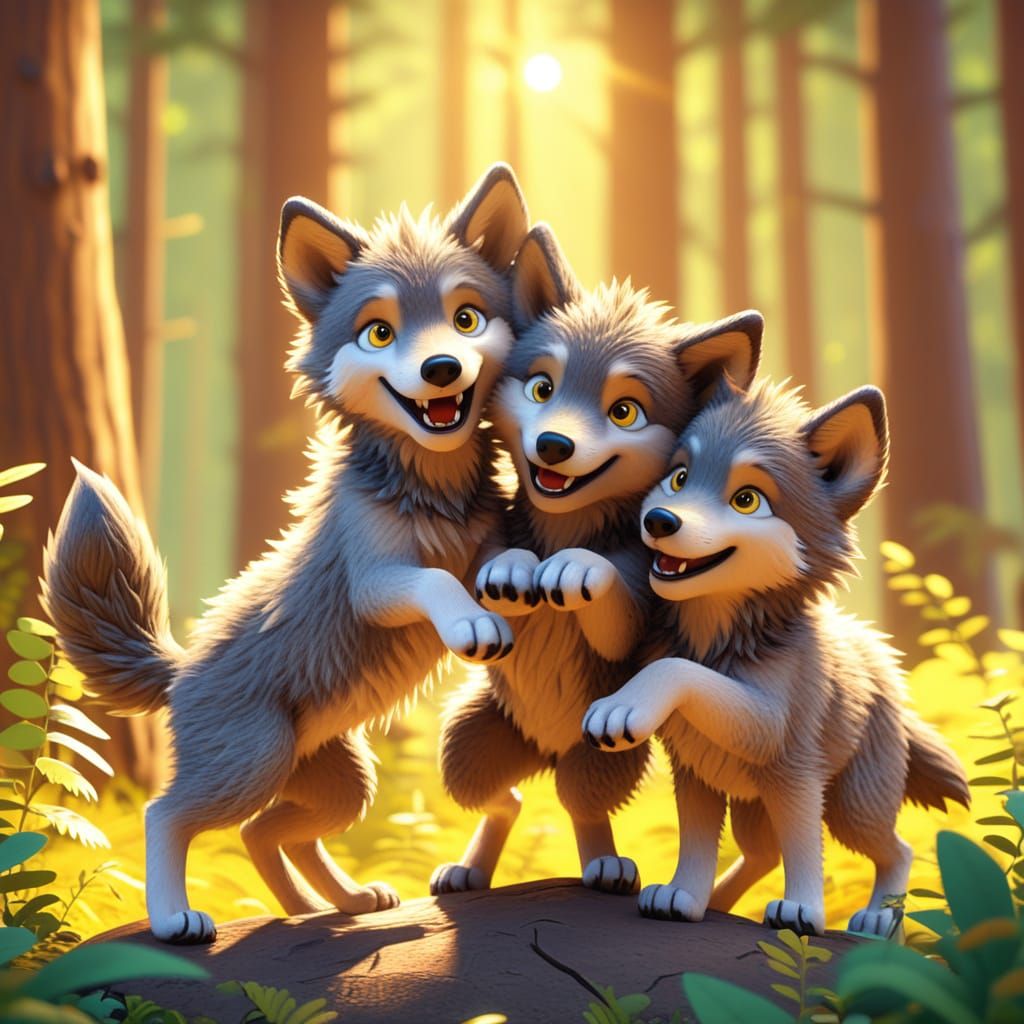 Wolf Cubs Playing in Sunlit Forest: Pixar Style