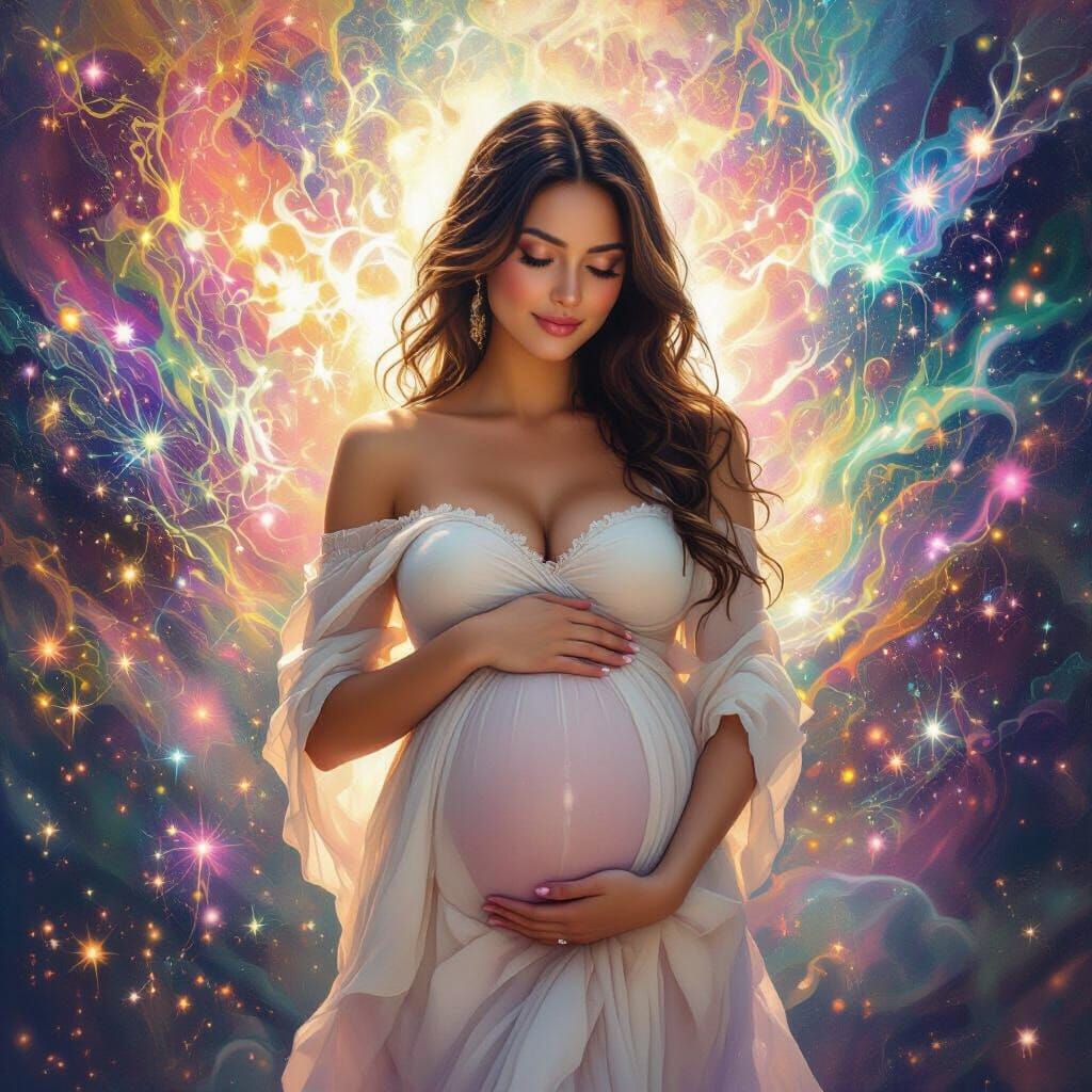 Radiant Pregnant Woman in Colorful Abstract Dreamscape