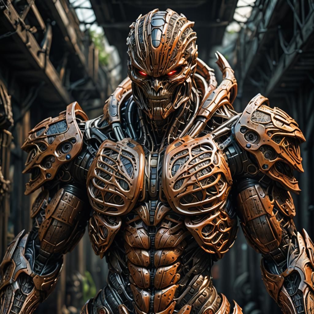 Giger-Inspired Armored Humanoid in Organic 3D Mesh
