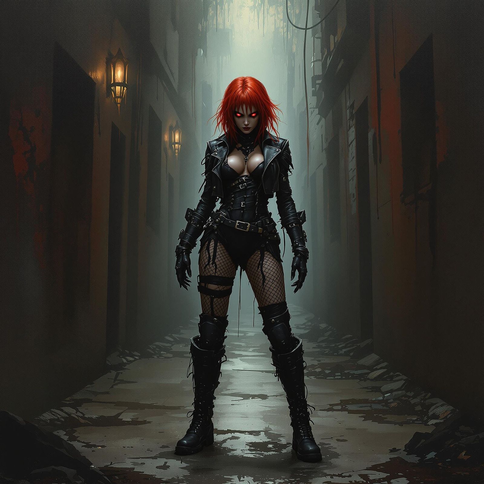 Cyborg in Ghostly Alley as Dripping Oil Painting