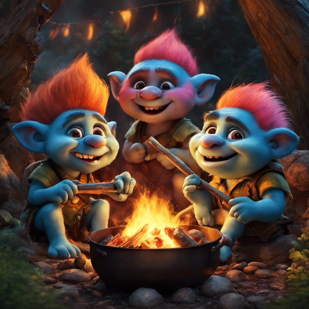 Hyperrealistic Trolls Roasting Marshmallows Around Campfire