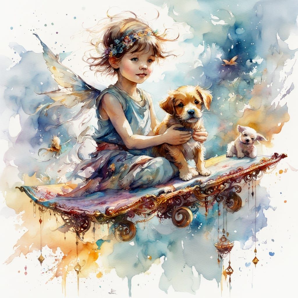 Pixie and Puppy Ride Magic Carpet in Watercolour Style