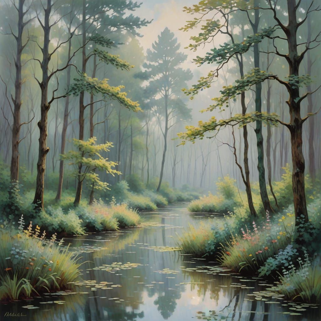 Misty Forest Landscape in Impressionist Style