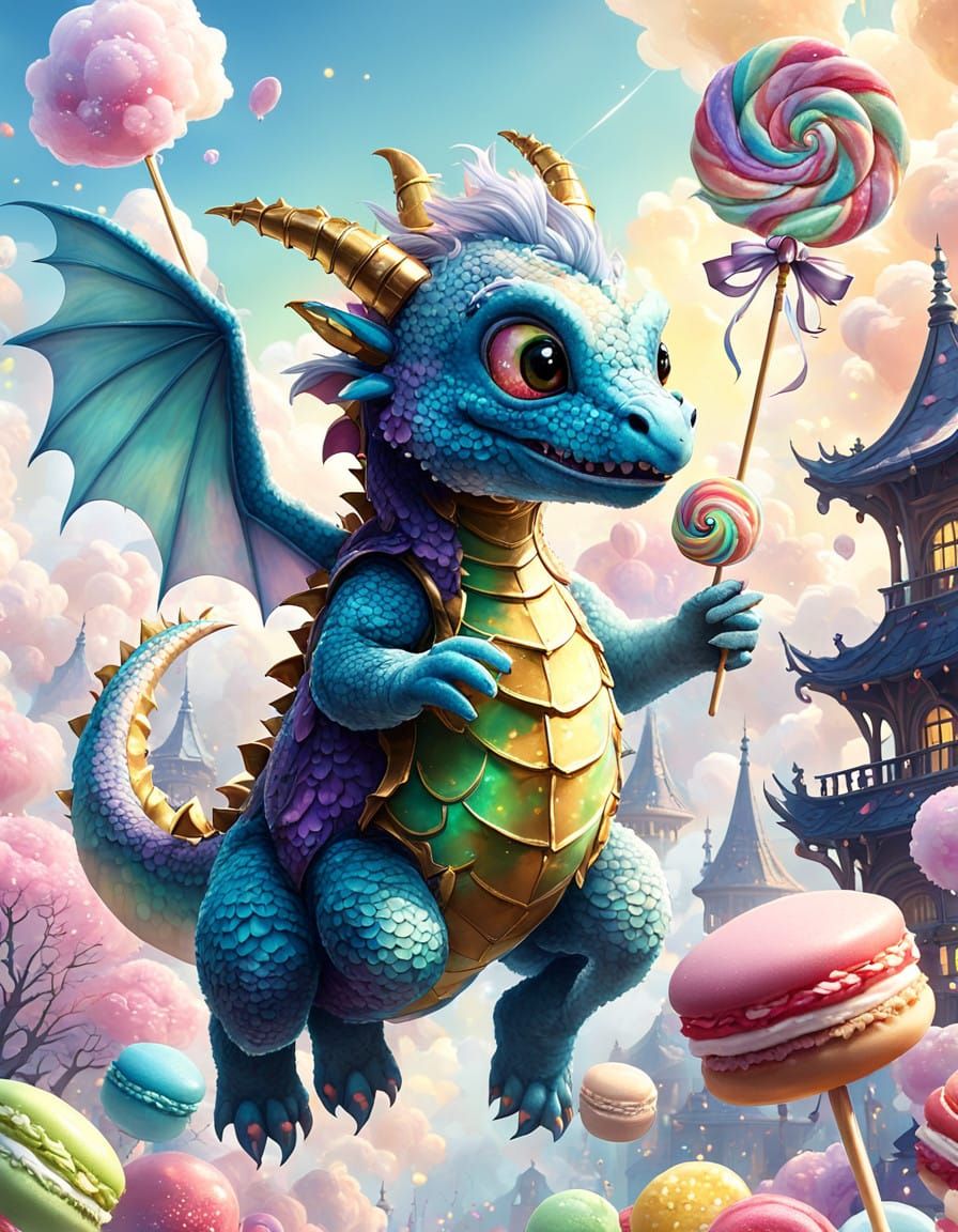 Chibi Cotton Candy Dragon in Whimsical Dreamy Sky