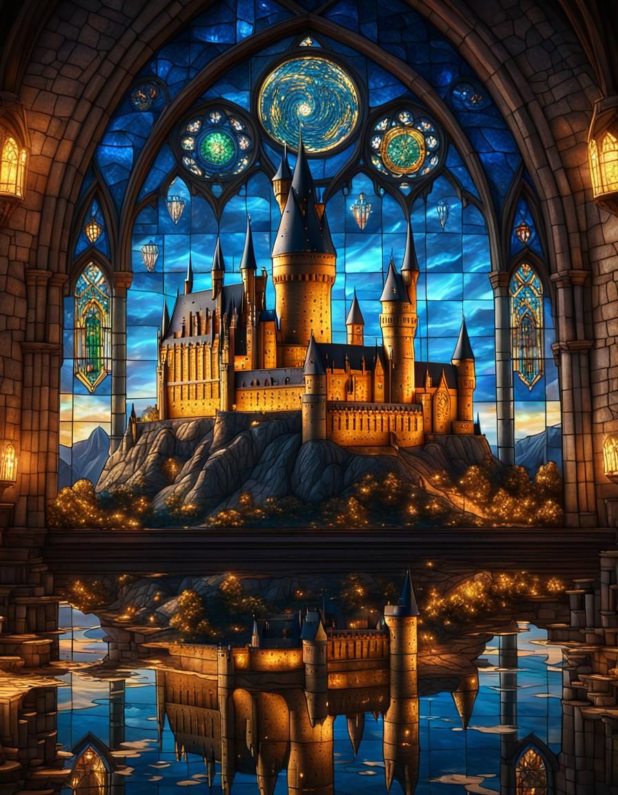 Hyperrealistic Hogwarts Castle in Stained Glass