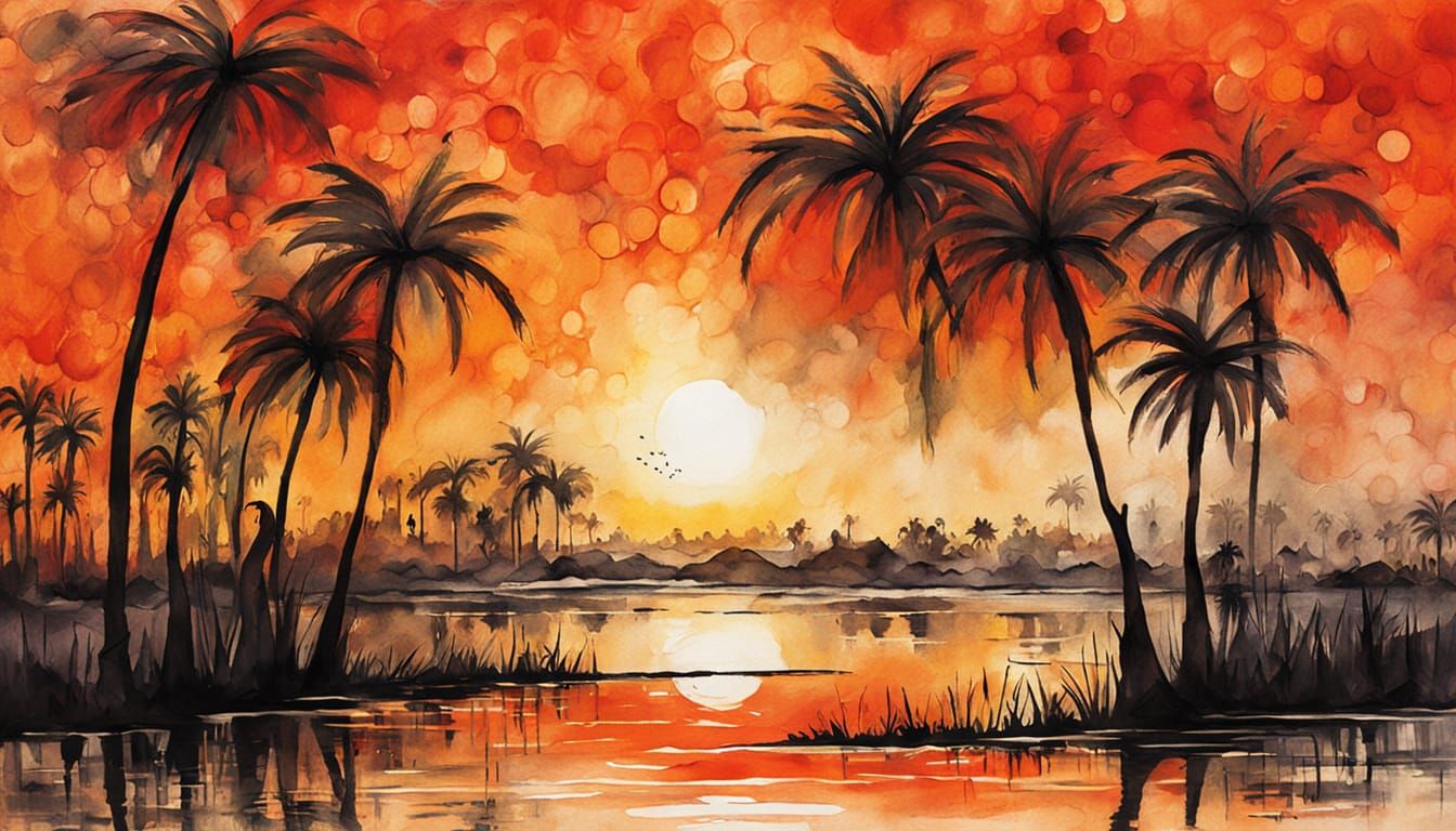 Ancient Babylon Sunset with Ibises in Dreamy Watercolor