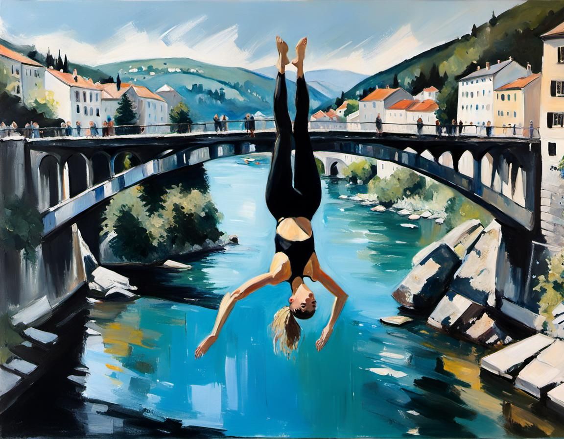 Bosnian Girl Dives From Mostar Bridge: Oil Painting