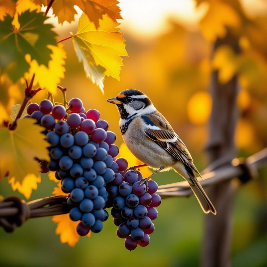 Autumn Bird Feast Among Golden Vineyard Leaves