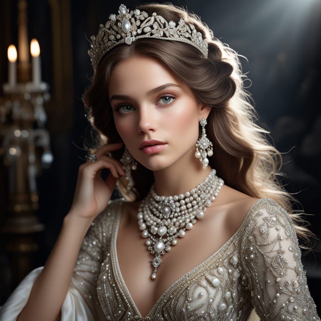 Elegant Woman Portrait With Cascading Pearl Hair