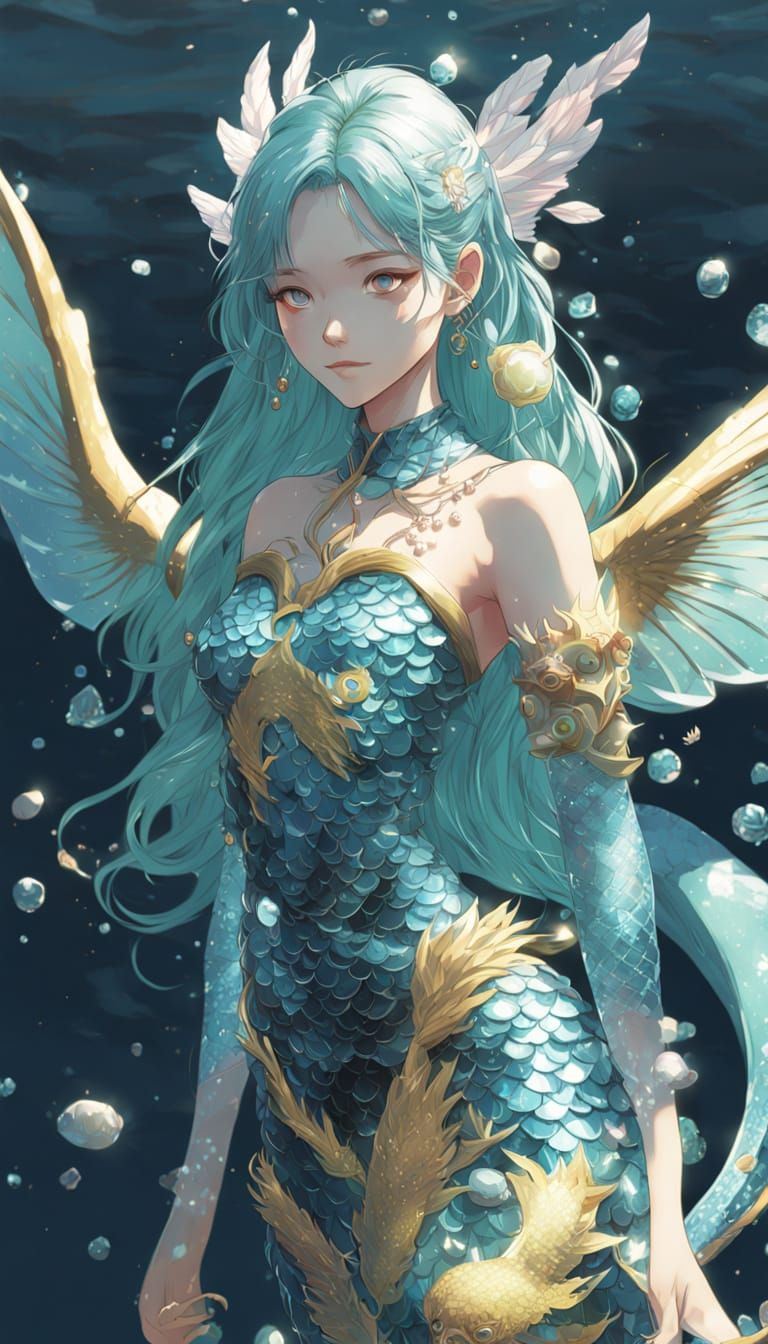 Iridescent Mermaid Goddess with Dragon Wings and Pearls