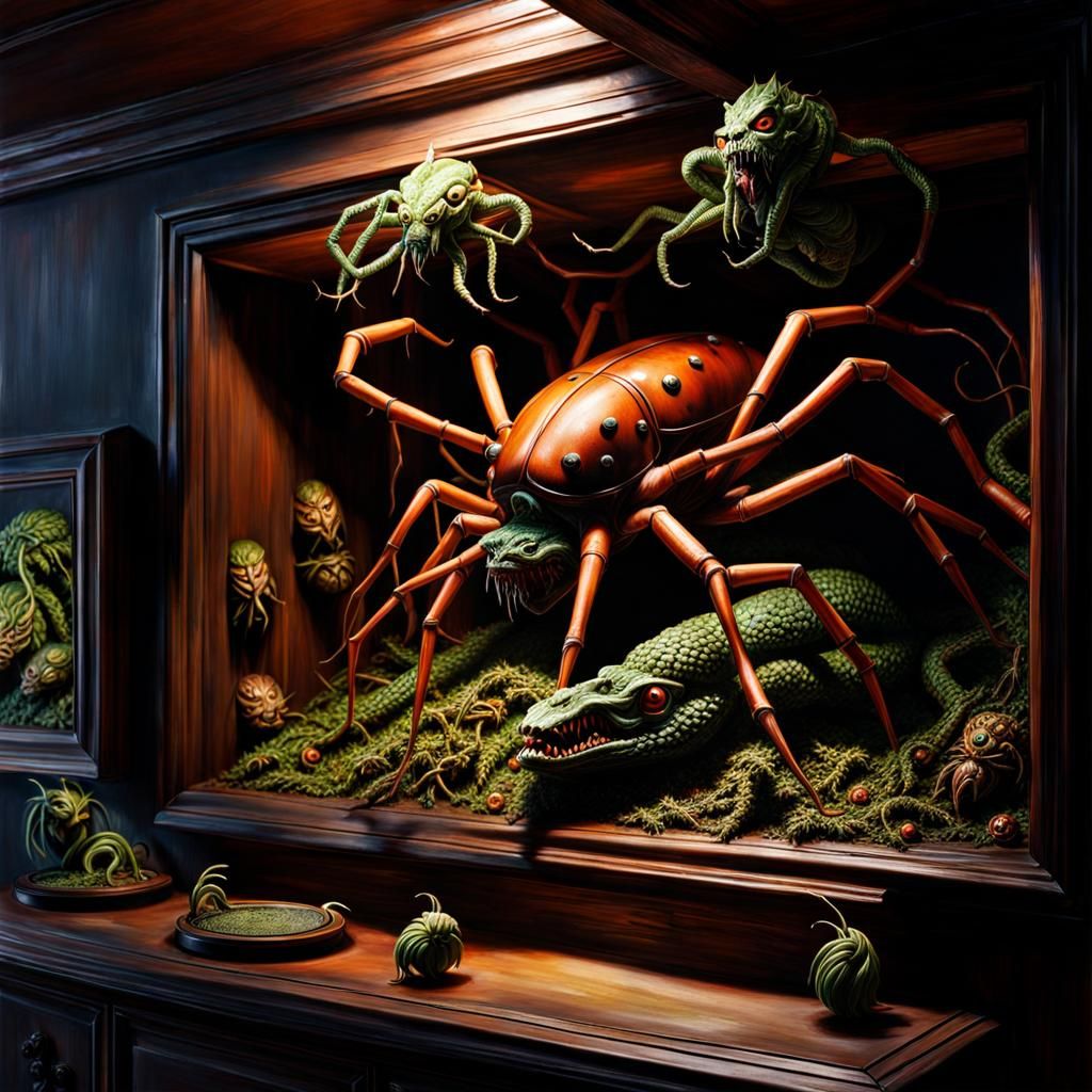 Demons, spiders, snakes, insects, mold, by Andre Benton, Greg Rutkowski, detailed painting, volumetric lighting, hyperea...