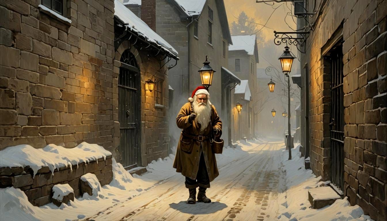 Santa in Snowy Alleyway: Intimate Wyeth-Inspired Scene