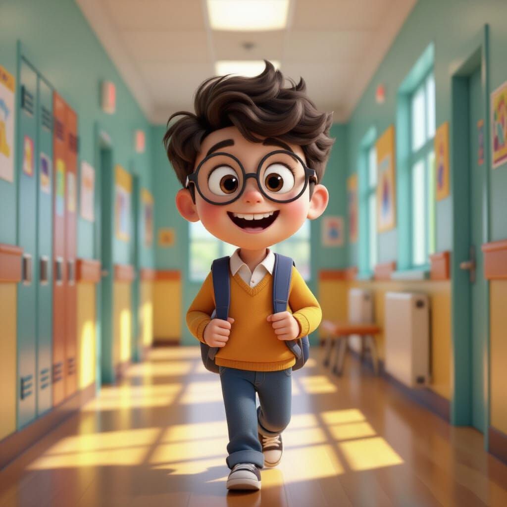 Schoolboy in Vibrant Hallway: a 3D Pixar-Inspired Scene