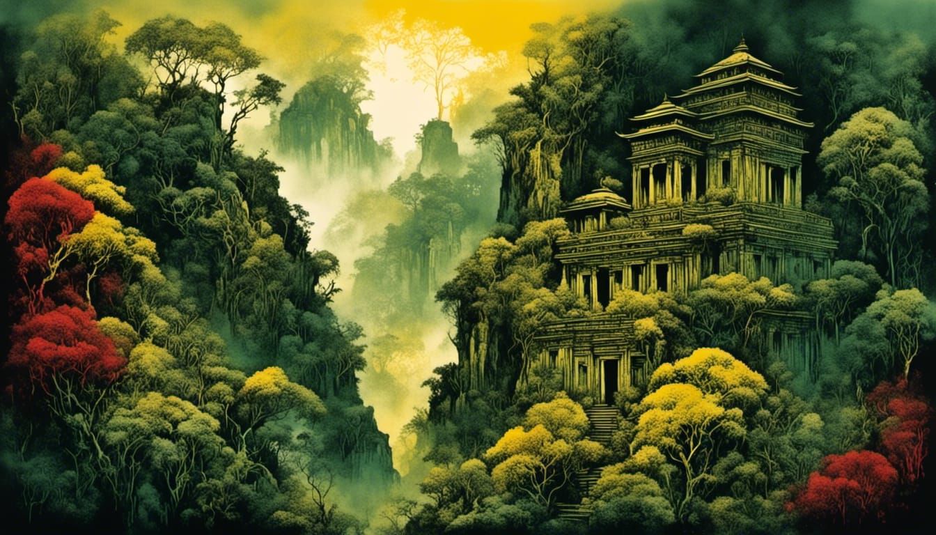 Overgrown Temple in Jungle Mist: Block Print Style