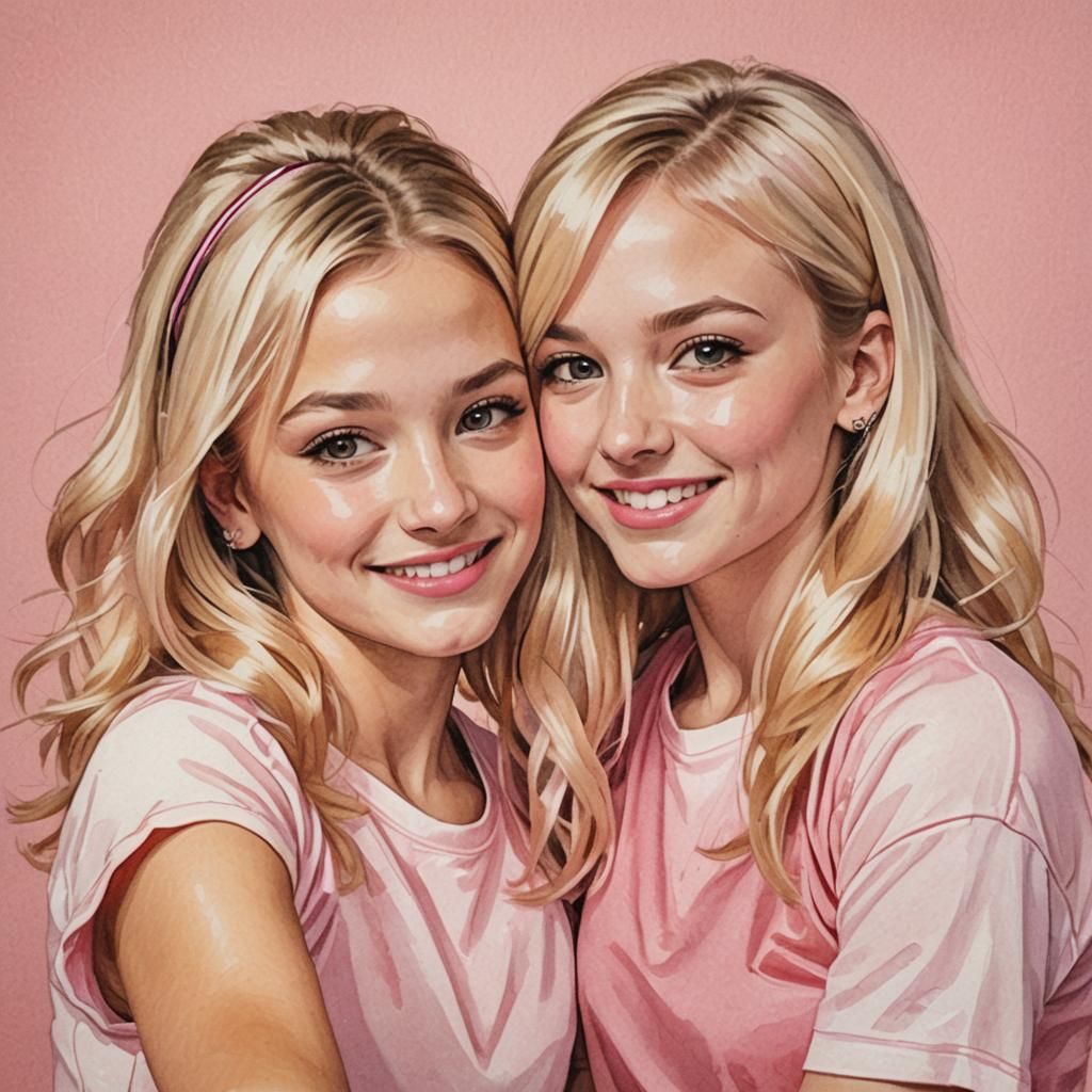 Cheerleader and Sister Take Selfie, Pencil Sketch