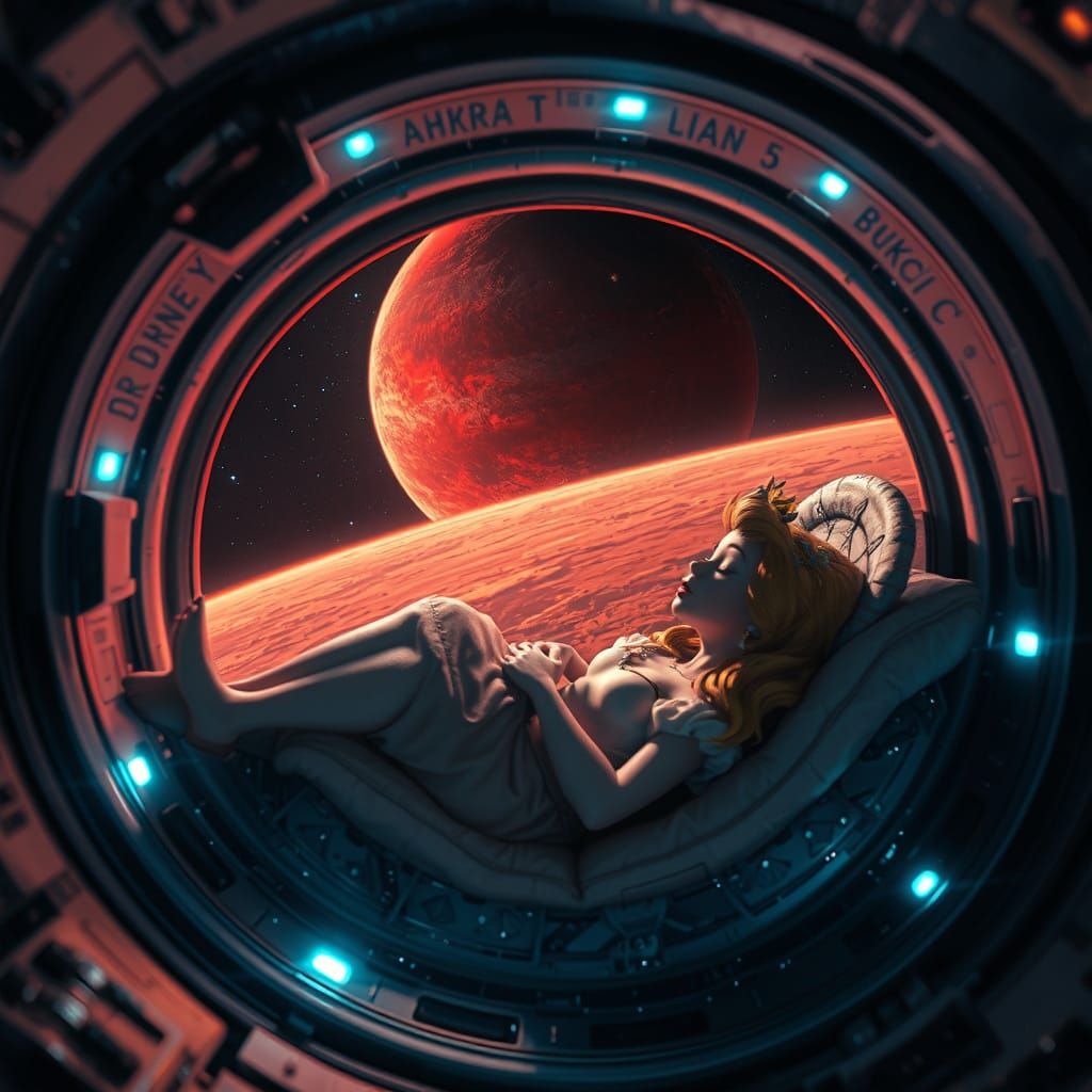 Sleeping Beauty in Space Capsule: Photorealistic Digital Art