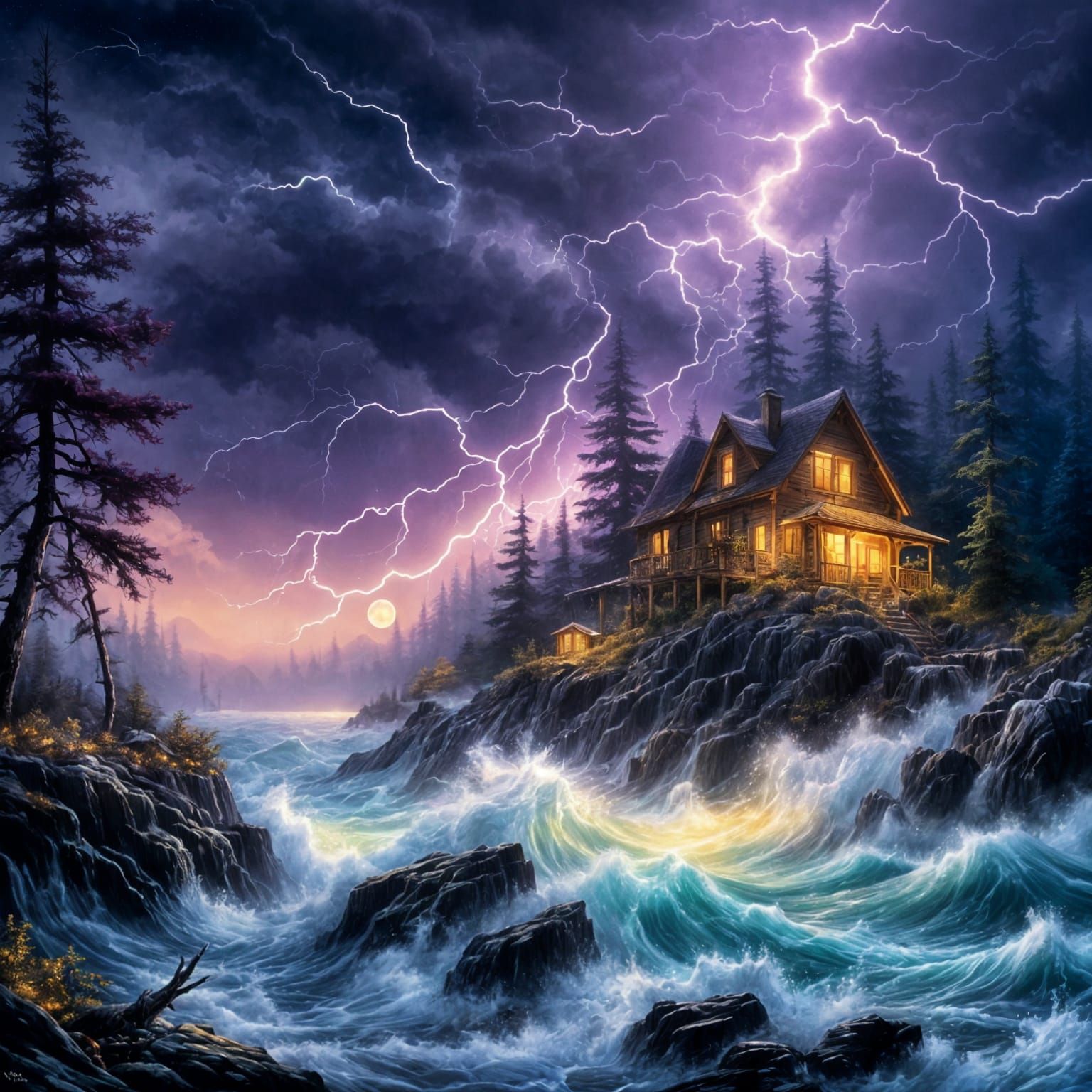 Cozy Cottage During Midnight Storm, Watercolor Illustration