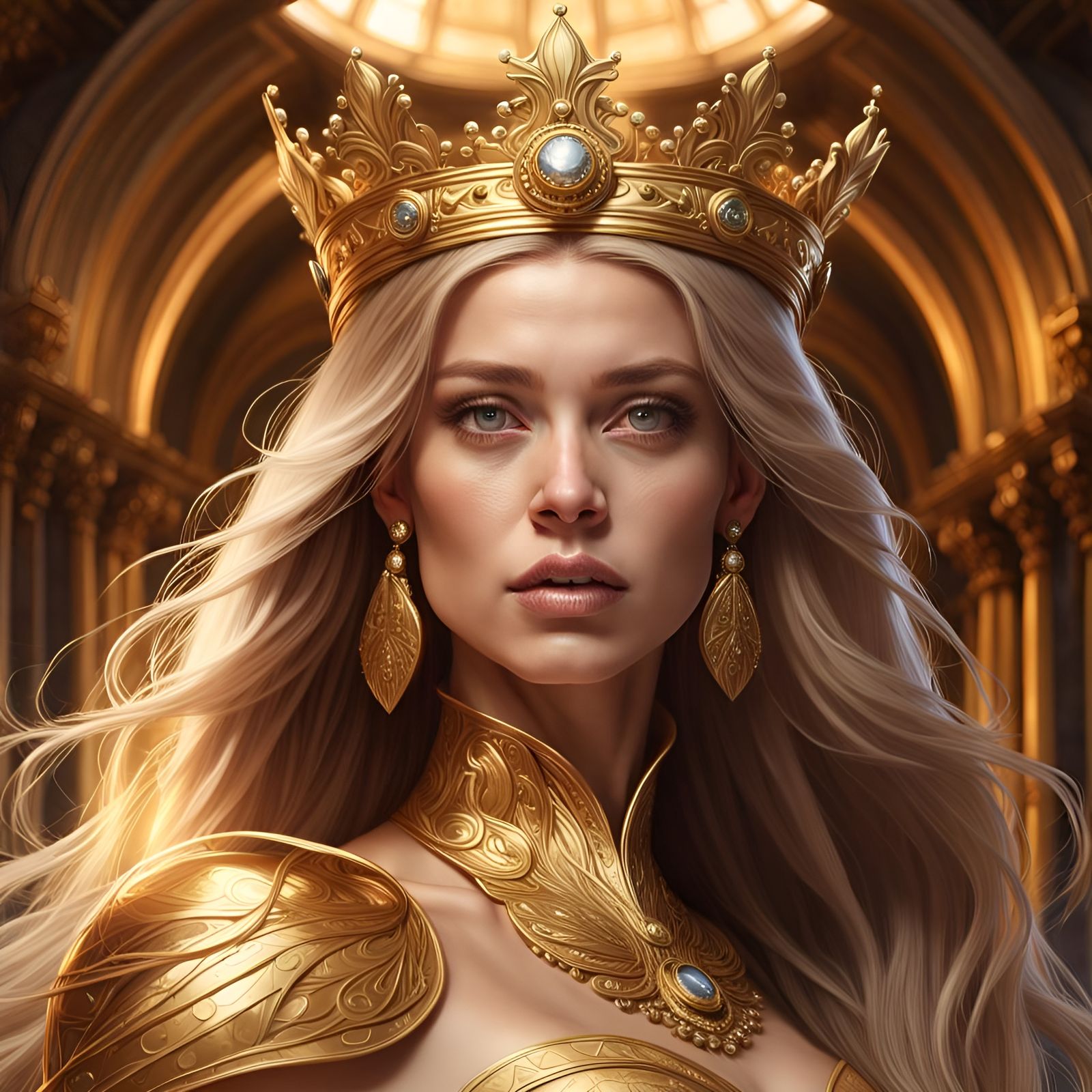 Majestic Golden Queen Portrait in Hyperrealistic 3D