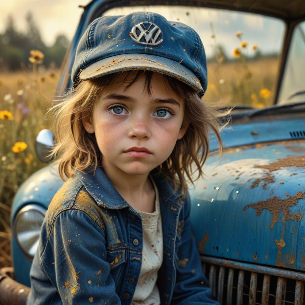 Girl on Volkswagen: Whimsical Oil Painting