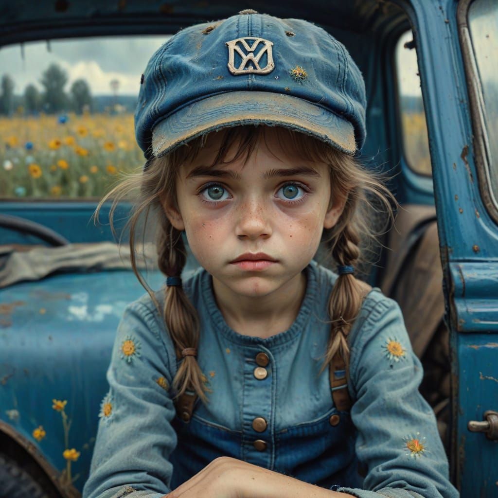 Melancholic Girl on Volkswagen: Oil Painting in Van Gogh Sty...