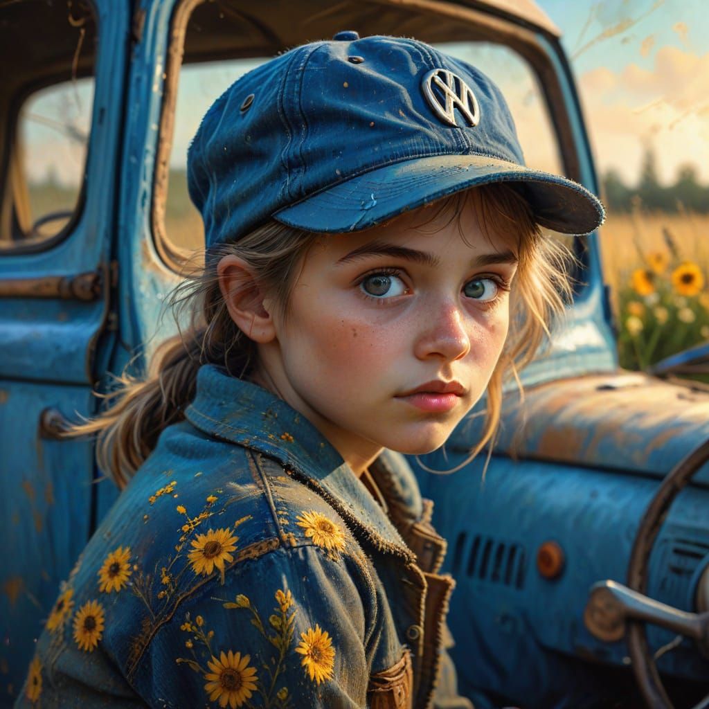 Girl on Volkswagen: Whimsical Oil Painting in Van Gogh Style