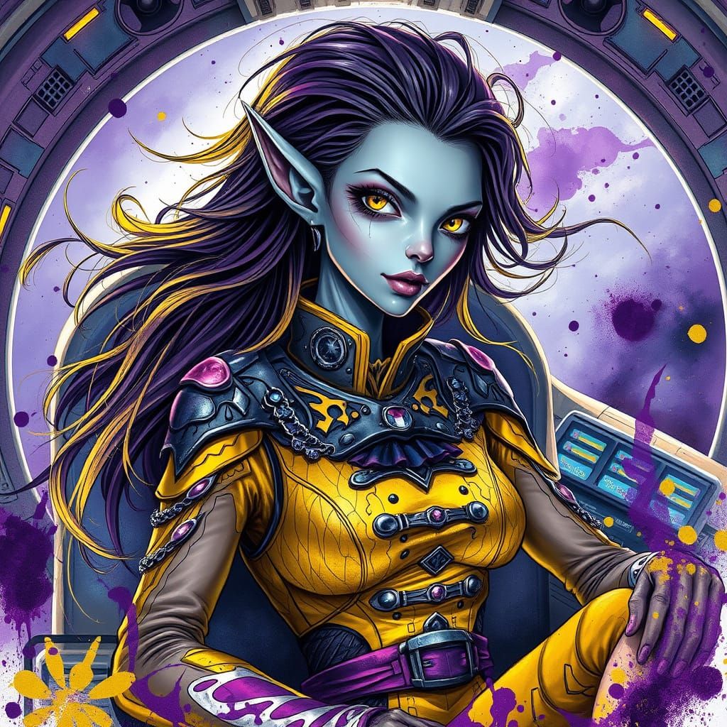 Gothic Alien Captain in Spaceship, Alcohol Ink Style