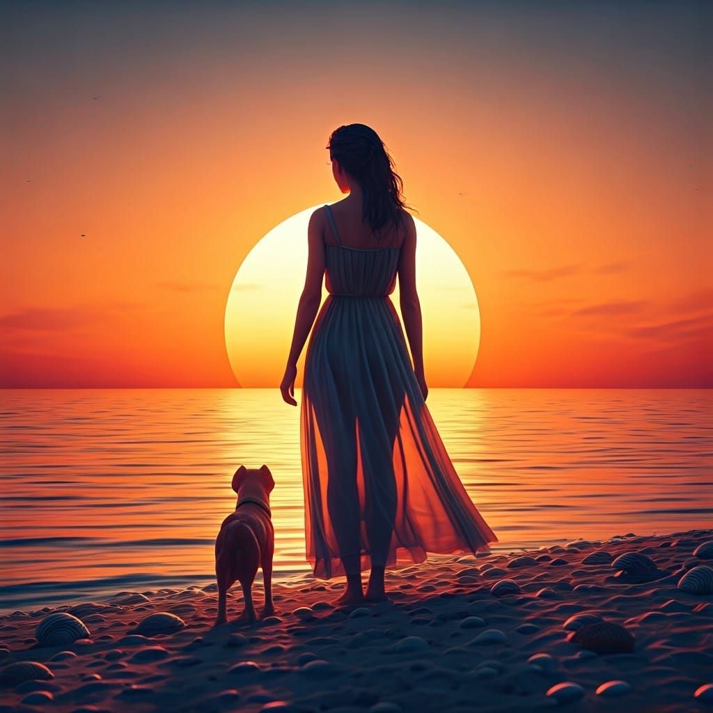 Sunset Silhouette: Woman and Dog in Dreamy 3D Landscape