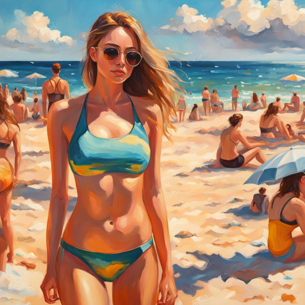 Colorful Impressionist Painting of Woman on Beach