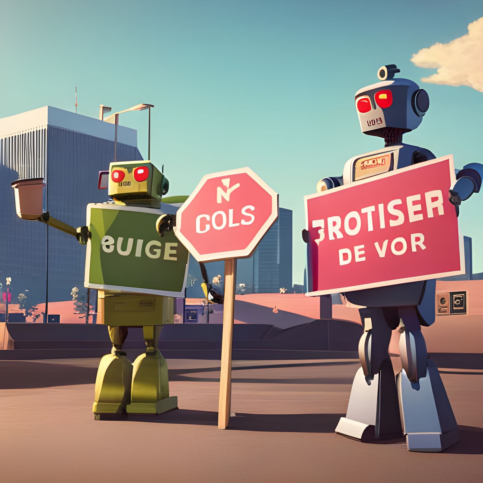 Robots with picket signs protest for equal rights  by Simon Stålenhag and jim Cheung, composition by greg rutkowski and ...