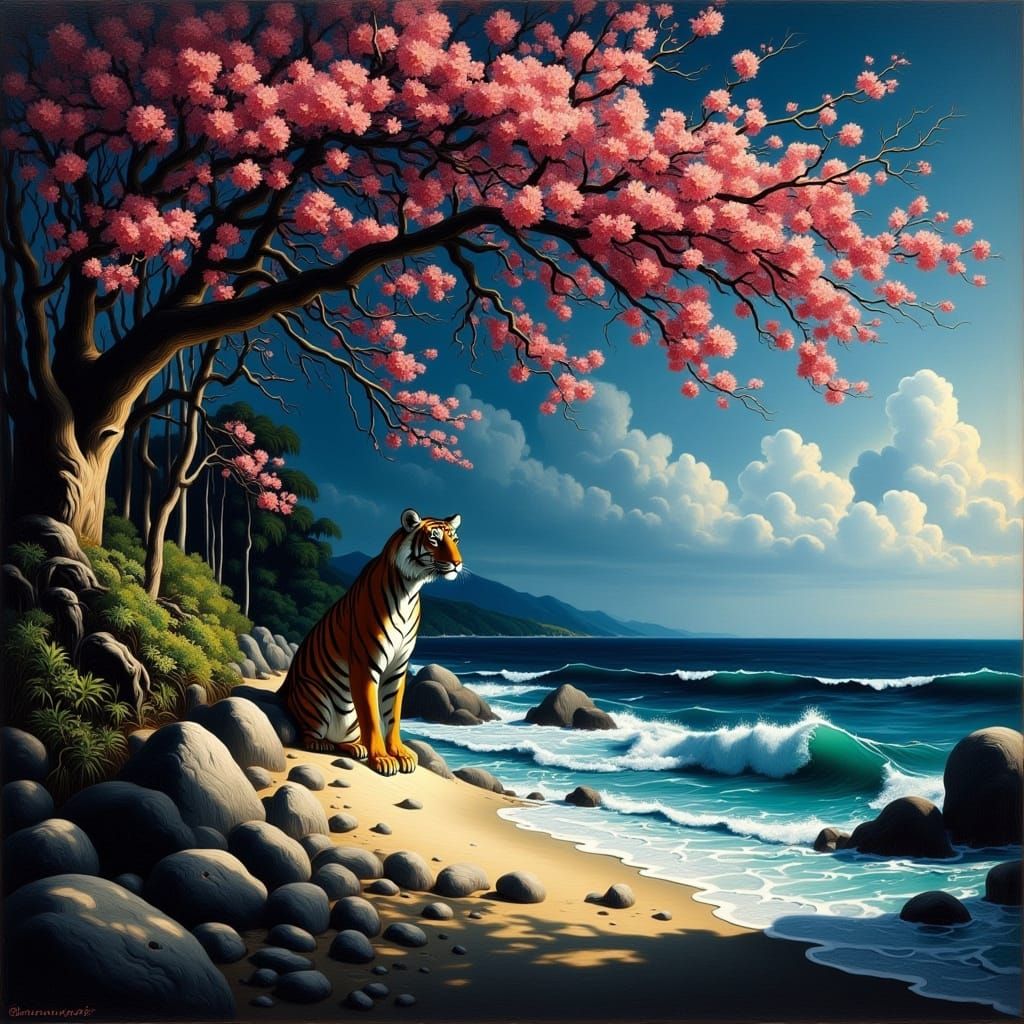 Tiger Amidst Sakura Tree Leaves on a Moody Beach