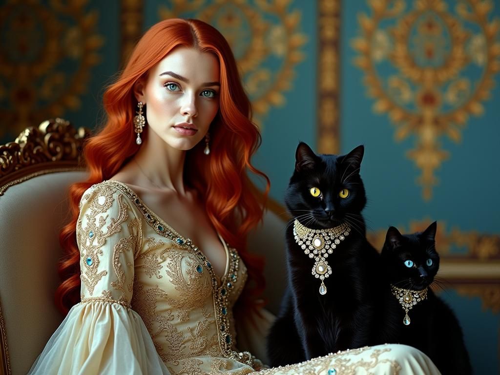 Regal Woman with Cats in Lavish Cinematic Style